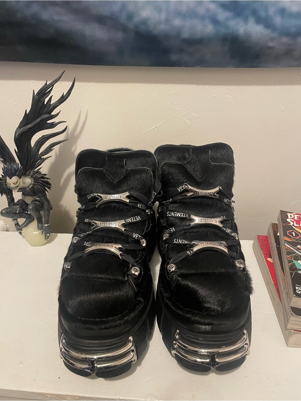 Vetements men Black Haircalf Platform Boots with Silver Hardware